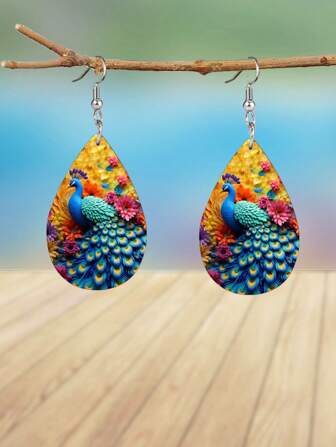 1 paire de boucles d'oreilles en PU motif paon bleu et jaune, élégantes et à la mode, idéales pour les loisirs et les vacances.
