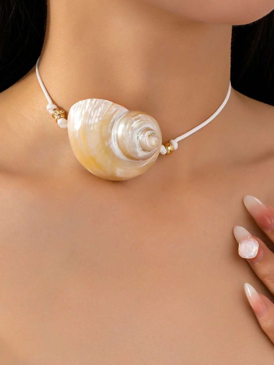 1 peça colar estilo praia e oceano com concha grande, gargantilha grossa com cordão, joia, acessórios da moda feminina estilo boêmio boho