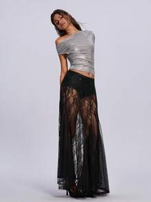 ROMWE 女式银色闪光上衣休闲时尚90年代装街拍春秋纯色褶皱领PU背心无袖上衣外出上衣不对称领口上衣适合外出和聚会新年女装女士生日连衣裙女士情人节 - 銀色 - 查看 5