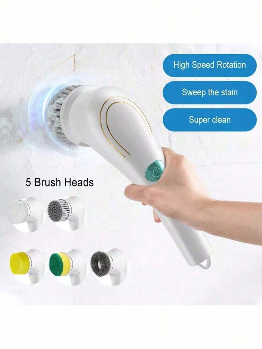 Gift For Mom, Handheld Power Cleaning Brush, Labor-Saving And Convenient. Comes With Five Interchangeable Brush Heads For Scrubbing Walls, Floors, Tiles, Bathtubs, Kitchens And Bathrooms - White - View 1