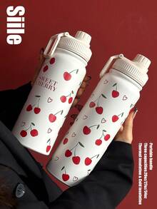 1pc 600ml/800ml/1000ml Sweet Cherry Pattern Double Wall Stainless Steel Insulated Tumbler, Outdoor Sports Water Bottle, Flat Bottom Cup, Water Cup, Tea Pot, Tea Cup, Coffee Cup, Water Bottle, Fitness Sports Water Cup; Suitable For Office, Outdoor, Gym, Travel, Home And Other Scenarios; Birthday Gift, Valentine's Day Gift, Mother's Day Gift, Graduation Season, Back To School Season And Other Holiday Gifts