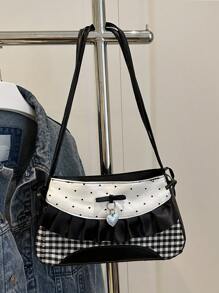 时尚新款拼色拼接蝴蝶结褶皱蕾丝装饰单肩包，流行百搭个性双色格纹女士手提包，适合逛街、钱包、购物、年轻女性、大学生、新人和白领人士。非常适合办公室、大学、工作、商务、通勤、户外活动、旅行和郊游 - 黑與白 - 查看 6