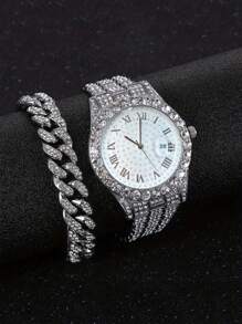 2pcs Fashionable Hip-Hop Chain Bracelet With Men's Steel Band Rhinestone Watch, Street Culture Starry Alloy Men's Watch Jewelry Set