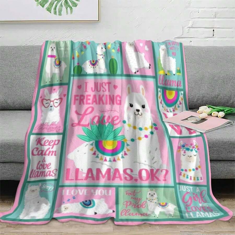 Soft 1pc Llama Print Flannel Fleece Throw Blanket - Warm, Cozy For All Seasons, Knitted Polyester Digital Print, Perfect Gift For Llama Lovers, Ideal For Bed, Sofa, Travel, And Outdoor Camping