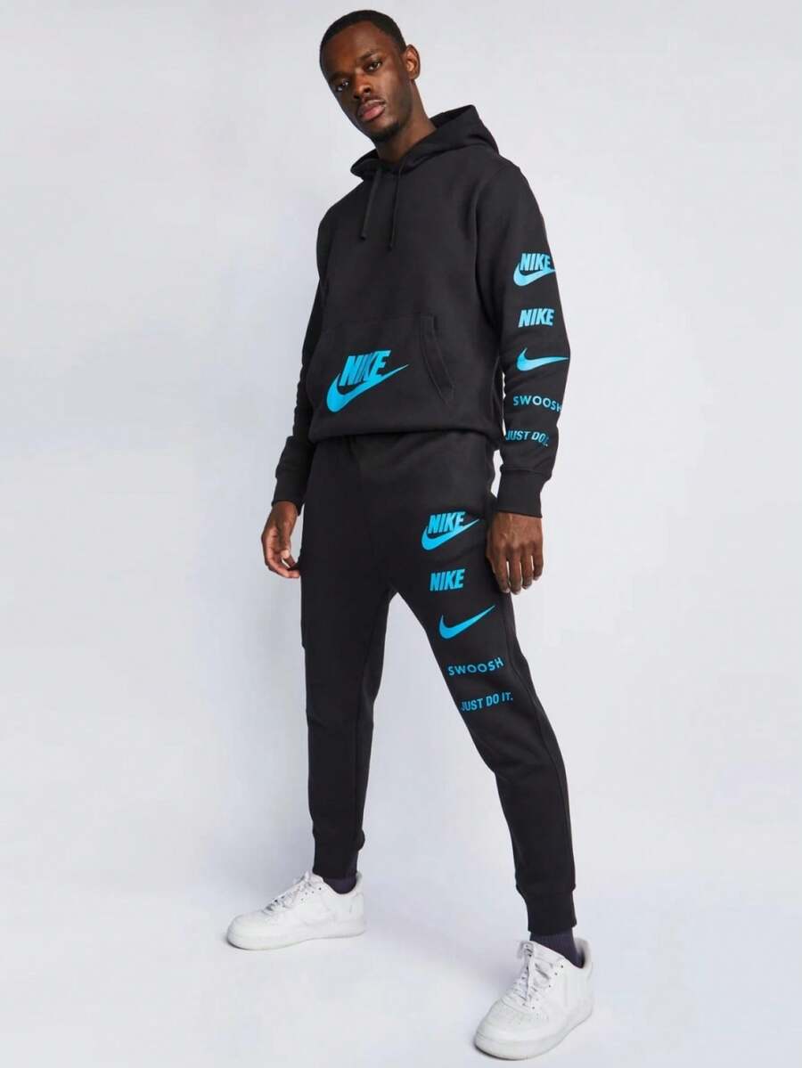 Nike Mens Standard Issue Tracksuit Set Pullover Fleece Hoodie Jogging Bottoms - Black - View 1