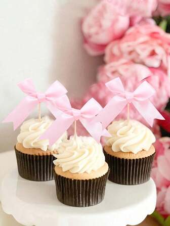 1/10/20pcs Pink Bow Cupcake Toppers, Polyester Bow Cake Decorations, Pink Birthday Party Decorations, Birthday Cupcake Decorations, Dessert Cake Toppers For Wedding Bachelorette Party, Birthday Celebration Decor, Wedding