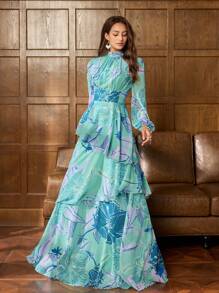 Faeriesty Druck elegantes Chiffonabendkleid mit Blumendrucken, hoher Kragen Glockenärmel - Geschichtetes Rüschenoberteil, perfekt für boho Gartenhochzeiten, vintage Braut-Bankette und rote Teppich Auftritte