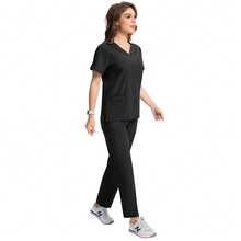 1 Set V-Neck Short Sleeve Slim Fit Shirt And Drawstring Straight Leg Casual Pants, Scrubs Set, Healthcare Scrub Uniform Set - Black - View 5