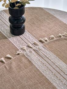 1pc American Farmhouse Style Tablecloth, Coffee Brown Striped Embroidered Tassel Decorative Cloth, Multi-Functional Cover For Coffee Tables, Office Desks, Parties, Weddings, Home Decor, All Season - Coffee Brown - View 12