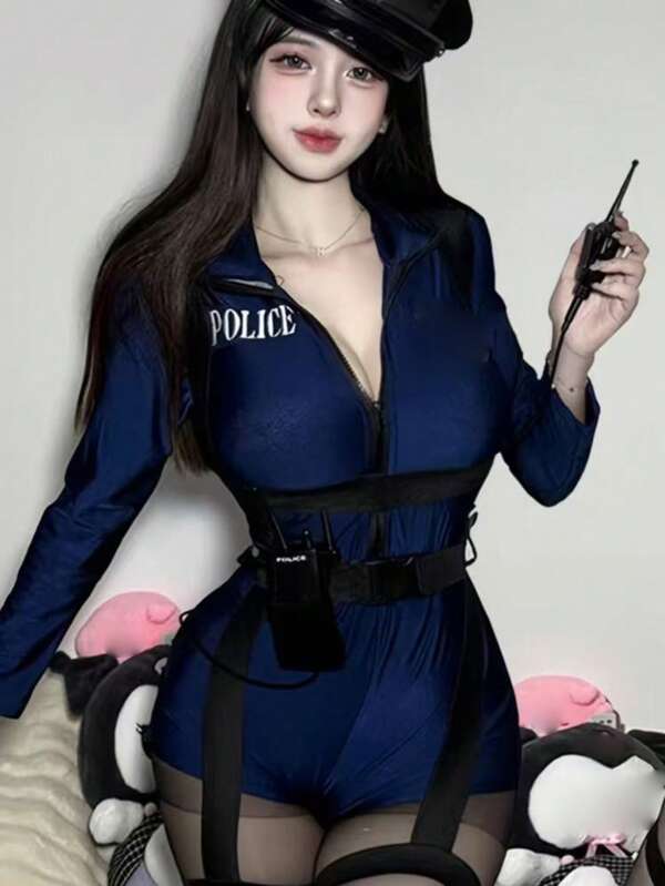 1pcWomen Police Role Play Sexy Lingerie Set - Front Zipper Turtleneck Long Sleeve Jumpsuit + Thigh Garter Belt, Costume(Excluding Hat And Calling Machine)