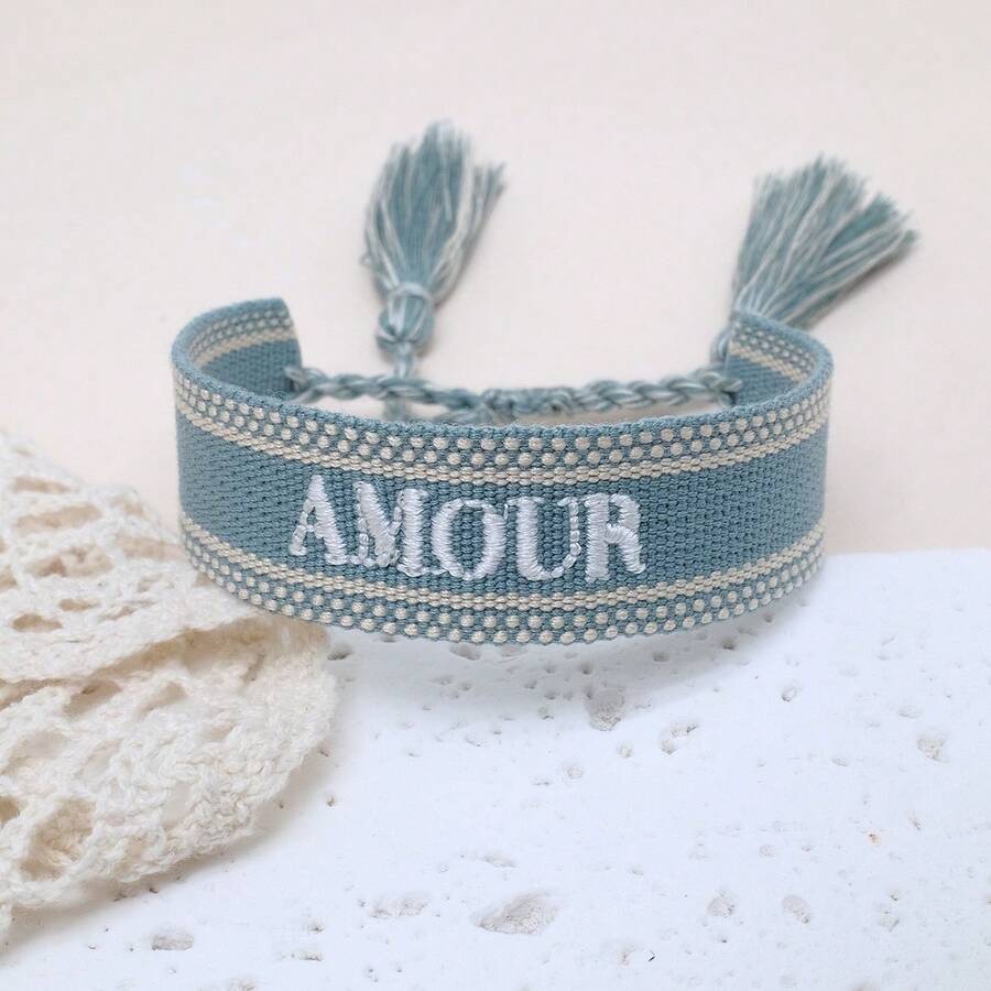 1pc Handmade Embroidered "AMOUR" French Script Braided Vintage Style Bracelet, Suitable As Couples/Holiday Gift - Baby Blue - View 1