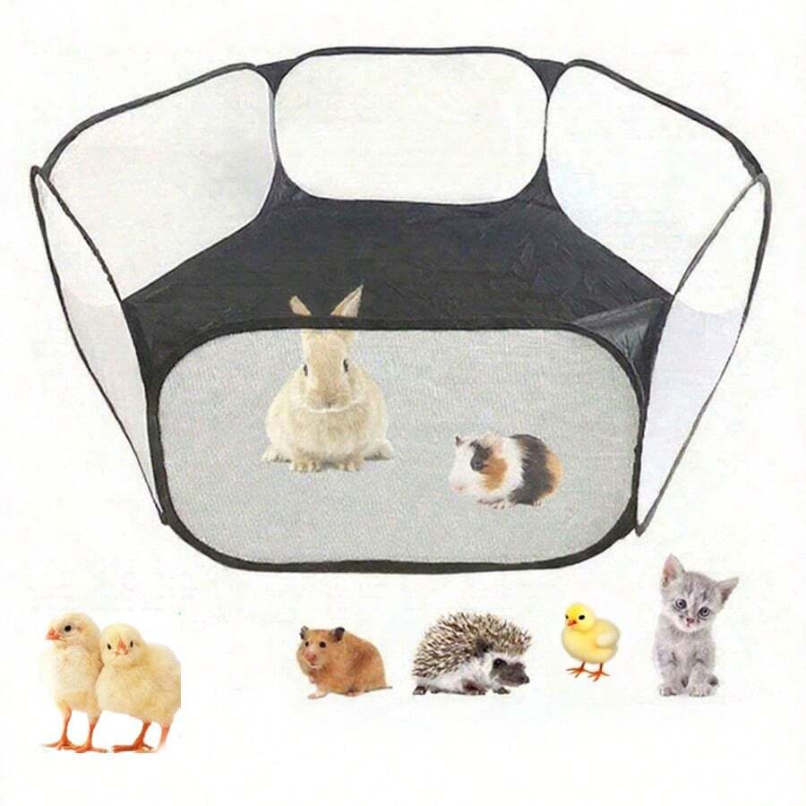 Portable Foldable 6-Panel Pet Playpen With Animal Designs (Cat, Hamster, Rabbit, Hedgehog), For Indoor & Outdoor Use - Black - View 1