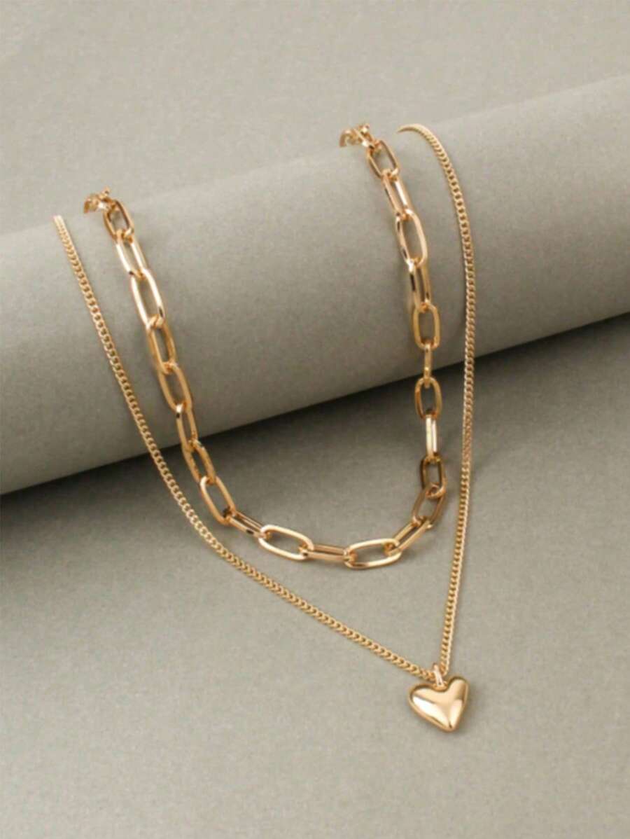 1pc Romantic Double-Layer Heart Pendant Necklace