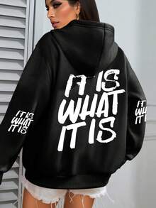 Plus Size Women "It Is What It Is" Graphic Sweatshirt, Comfortable Casual With Pockets And Drawstring, Suitable For Autumn/Winter Black Spring - Black - View 1