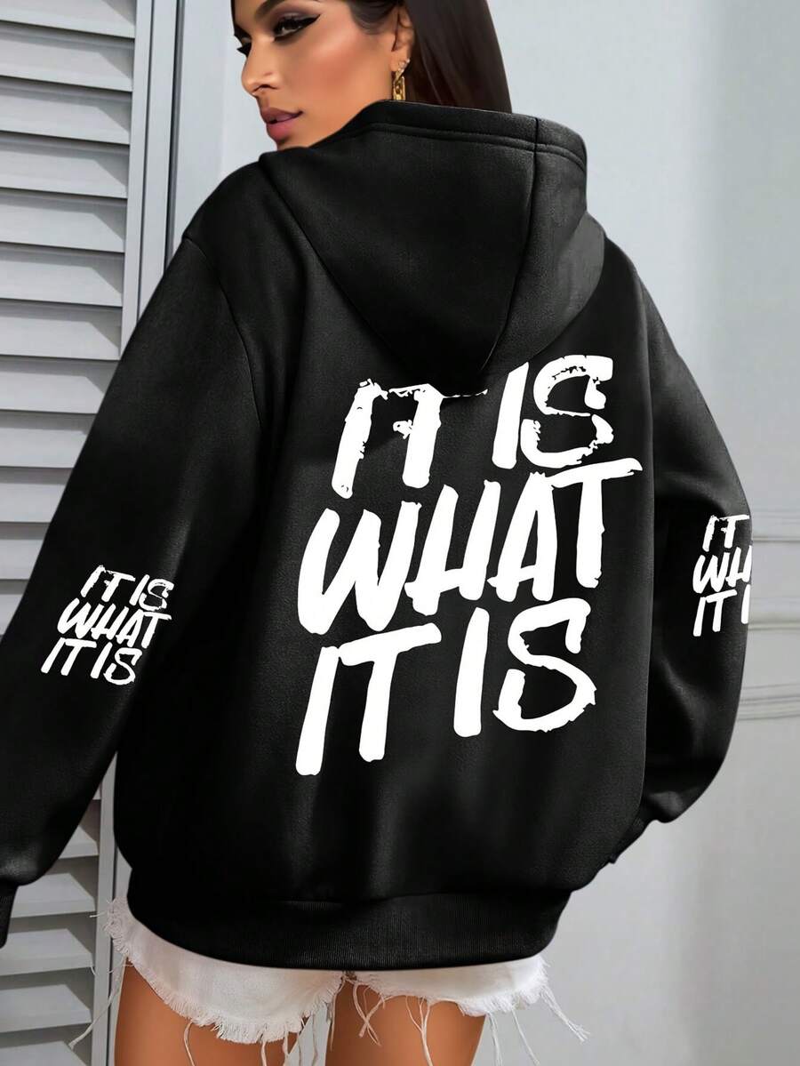 Plus Size Women "It Is What It Is" Graphic Sweatshirt, Comfortable Casual With Pockets And Drawstring, Suitable For Autumn/Winter Black Spring - Black - View 1