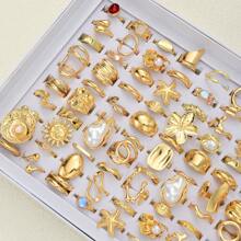 15pcs/Set Flower, Gemstone, Pearl, Star, Wrinkle, Teardrop, Glossy Textured Wide Chunky Rings, Fashion, Elegant, Vintage, Cute Design, Suitable For Holidays, Parties, Dates, Gifts, Daily Wear (Random Delivery)