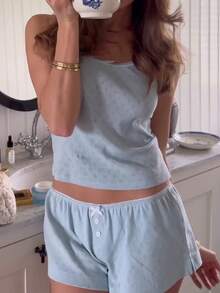 Lace Pajama Sets For Women 2 Piece Sleeveless Cami Tank Top And Shorts Pj Set Y2K Matching Lounge Sleepwear - 藍色 - 查看 4