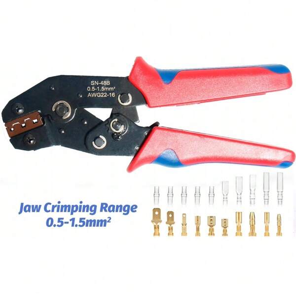 Crimpzange – AWG22-16, 0,5–1,5 mm² + 450 Stück geeignet für 2,8 mm-, 4,8 mm und 6,3 mm TAB-Stecker sowie 3,5 mm- und 4,0 mm-Kugelstecker, Steckverbinder für Motorräder, doppelt, 3,9 mm mit Isolierhülle, Kabelverbinder für Motorräder
