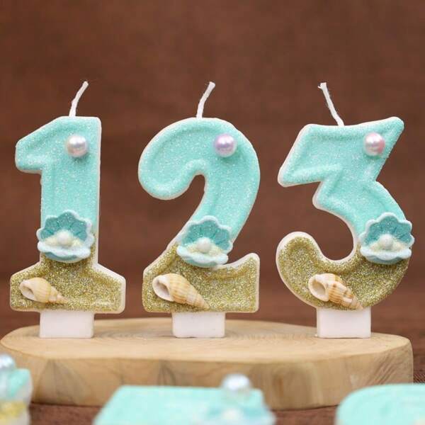 1pc Number 0-9 Digit Birthday Candles, Blue Green Ocean Pearls, Conch Shells Glitter Digital Cake Decoration, Suitable For Birthday Party Cake Decoration, Suitable For Anniversary Parties,Suitable Wedding Anniversary , Suitable For Cute Pet Theme Cake Decoration Candles, Cake Decoration Pure Handmade DIY,Preferred Gift