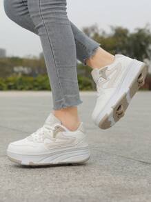 Patines de ruedas para mujer con empalme de color contrastante, zapatos de patinaje de pareja convertibles, desmontables y retráctiles, adecuados para adolescentes y adultos, de cuero de PU con 4 ruedas