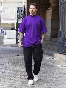 Oversized Plain Turtleneck Basic Streetwear T-Shirt For Men Unisex - Màu tím - Xem 7