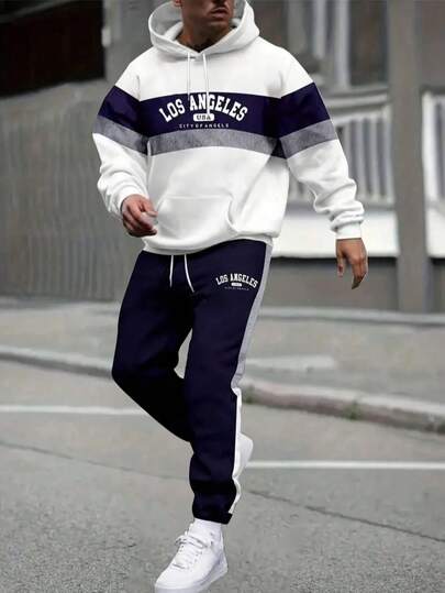 男士洛杉矶印花休闲连帽长袖卫衣和慢跑裤两件套，轻盈透气，春秋季