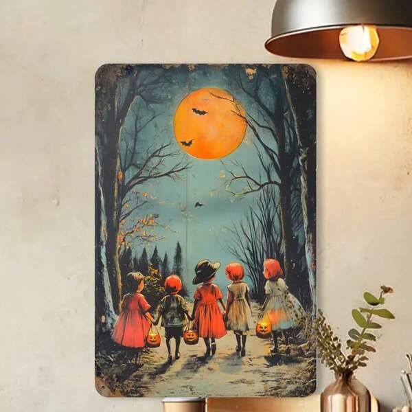 2D Flat, Happy Halloween Vintage Metal Tin Sign, 8"X12" Iron Wall Art With Whimsical Pumpkin Lantern Design, Rustic Home And Bar Decor, Pre-Drilled For Easy Hanging, Garden Decoration | Retro Decor | Rustic Metal Art, Halloween Decoration, Perfect For Room Decor
