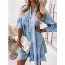 Women's Dresses Button Denim Midi Half Flared Sleeve V Neck Layered Casual Flowy Beach Jeans Shirt Dresses
