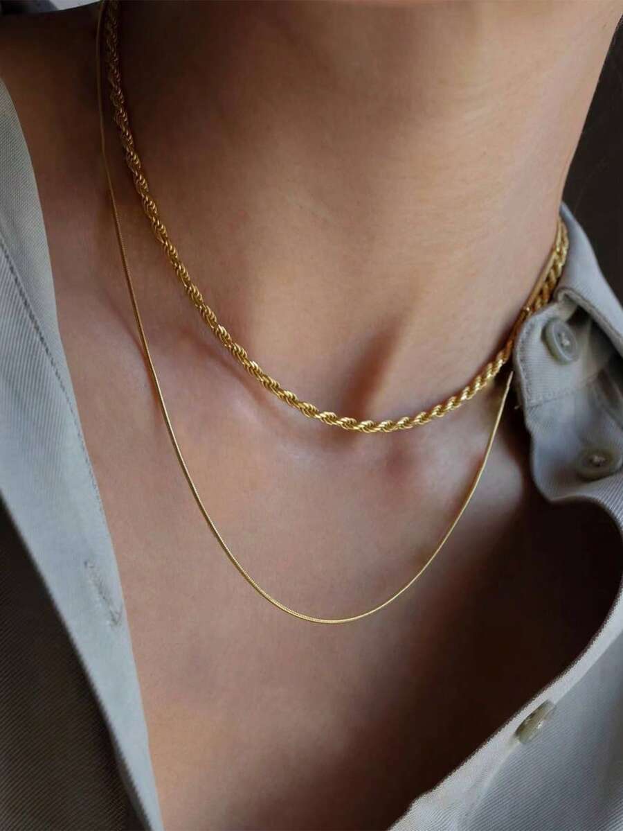 Nooxian 2pcs Stainless Steel Necklace Set For Women, Multi-Layered Twisted Circle Snake Chain Daily Wear Jewelry Accessory Gifts - Yellow Gold - View 1