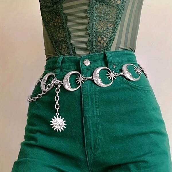 Chaîne de taille bohème lune-soleil creuse avec gland, chaîne de robe Y2K. Ceintures réglables pour le corps des femmes, bijoux de ventre