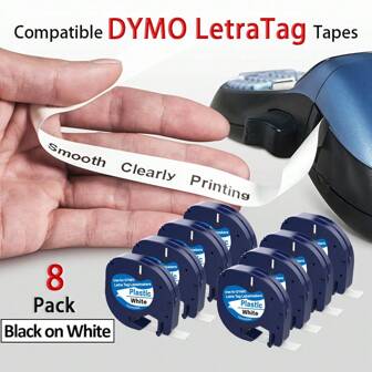 8-Pack Replacement Label Tapes For DYMO Label Maker Refills 91331, Black On White Plastic Tape 12mm X 4m (1/2" X 13'), Black On White, Compatible With Dymo LetraTag 200B, LT100H, LT100T,School Supplies,Back To School