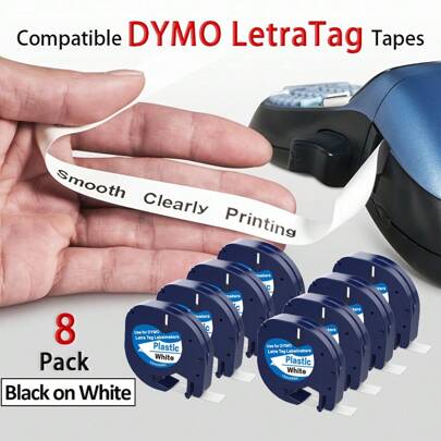 Pacote com 8 fitas de reposição para etiquetas de recarga DYMO 91331, fita plástica preta e branca de 12 mm x 4 m (1/2" x 13'), preta e branca, compatível com Dymo LetraTag 200B, LT100H, LT100T, material escolar, volta às aulas