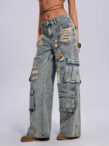 ROMWE Women's Vintage Acid-Washed Low-Waist Wide-Leg Utility Jeans Grunge Washed Distressed Low Rise Straight Baggy Jeans Women - Dark Wash - View 7