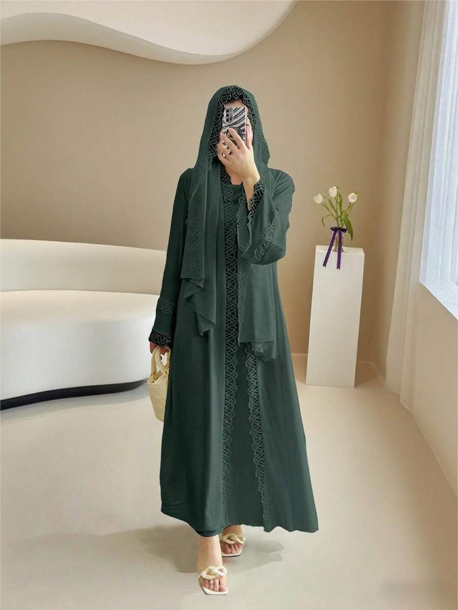 4pcs Set: Frilled Abaya Robe, Sleeveless Slip Dress, Headscarf, Belt - Dark Green - View 1
