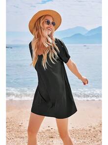 Women Satin Nightgowns Short Sleeve Silk Sleepwear Boyfriend Casual Dresses With Chest Pocket S-XXL - 黑色 - 查看 3