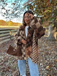 Vivid Style Women's Checkered Knitted Cardigan, Lantern Sleeve Relaxed-Fit Oversized Jacket, Retro Autumn/Winter Sweater
