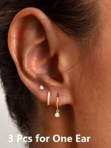 3pcs Fashionable Minimalist Cubic Zirconia Huggie Hoop Earrings Set, High Quality Brass Huggie Hoops, Elegant And Simplistic Women's Hoops, Suitable For Vacation, Daily Wear, Birthday Gifts And More