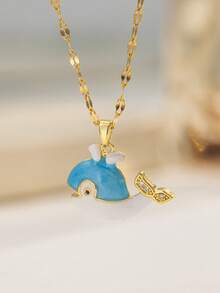 1pc Stainless Steel Cute Dolphin Pendant Necklace, Creative Design, Minimalist & Vintage Fashion, Suitable For Thanksgiving, Christmas Gifts, Casual, Commute, Party, Holiday Wear, Affordable Choice (OPP Bag Packaging Box For Shooting Only) - Gold - View 2