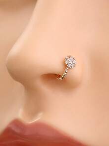 1pc Spiral Twist Bar Round Zirconia Nose Ring, Finely Inlaid Zirconia Fake Nose Ring Piercing Jewelry Accessory For Women - Yellow Gold - View 1