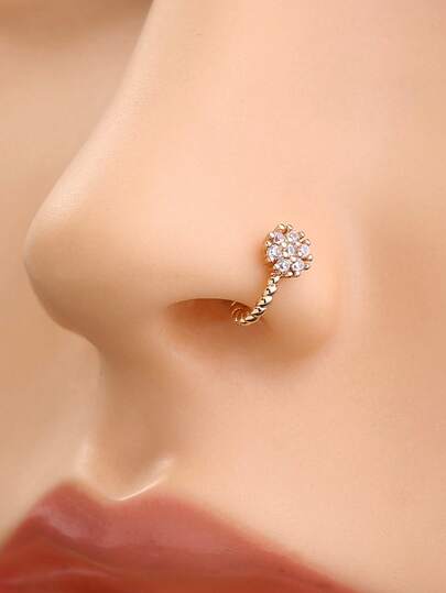 1pc Spiral Twist Bar Round Zirconia Nose Ring, Finely Inlaid Zirconia Fake Nose Ring Piercing Jewelry Accessory For Women