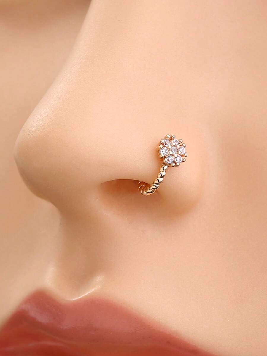 1pc Spiral Twist Bar Round Zirconia Nose Ring, Finely Inlaid Zirconia Fake Nose Ring Piercing Jewelry Accessory For Women - Yellow Gold - View 1