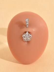1pc Minimalist Rhinestone Flower Navel Ring, Fashion Sexy Body Piercing Belly Button Ring - Silver - View 1