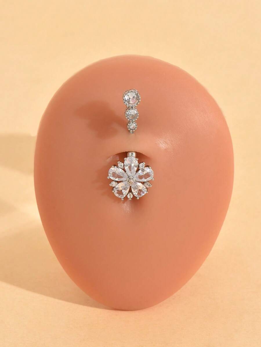 1pc Minimalist Rhinestone Flower Navel Ring, Fashion Sexy Body Piercing Belly Button Ring - Silver - View 1