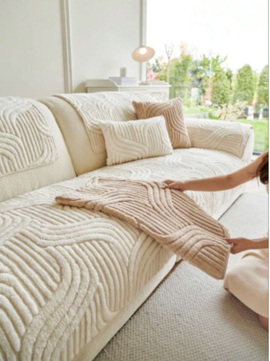 Classic Dyed Comfortable Velvet Sofa Cover For Living Rooms - Machine Washable Polyester T-Cushion Cover - All-In-One Furniture Cover For Single, Double, 3 And 4 And Combination Sofas - 卡其色 - 查看 1
