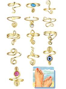 1 pieza/Set de 3 piezas Anillos de dedo ajustables para mujeres con piedras de CZ, cristales, flor y diseño de flecha abierta para joyas de pie de verano en la playa