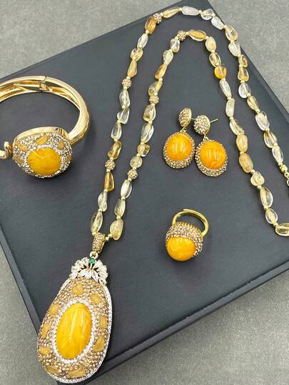 Elegant New Amber Natural Jade Inlaid Yellow Crystal Jewelry Set (Each Sold Separately) - Vintage High-End Rhinestone Decorated Rings, Earrings, Necklaces, Pendants, Bracelets