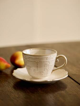 Cirelle 1 Set di tazze e piattini in ceramica vintage stile nordico, bianco, con motivo a rilievo a carosello, tazze da caffè latte eleganti, tazza da colazione di alta qualità, ottimo regalo per compleanni, vacanze, rientro a scuola, Capodanno, feste di Natale, accessori essenziali per la cucina, uso per cottura, pranzo in famiglia, feste, forniture per caffetterie di alta gamma, regalo di inaugurazione della casa