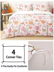 万圣节可爱幽灵南瓜数码印花被套三件套（1个被套和2个枕套），柔软亲肤，四季皆宜，万圣节礼物 - 彩色 - 查看 6