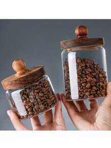 1 Pezzo Barattolo di vetro per la conservazione con coperchio in legno, barattolo per la conservazione di caffè, barattolo per la conservazione di spuntino, barattolo di vetro ermetico, barattolo per la conservazione in cucina - può essere usato per tè, frutta secca, frutta a guscio, spuntino, cereali