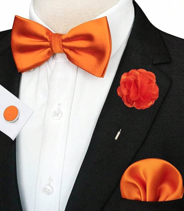 Solid Color Mens Pre-Tied Bow Tie And Pocket Square Cufflinks Sets With Box - 橘色套裝(附翻領別針) - 查看 2